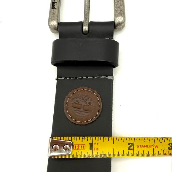 Timberland Men’s Black Leather Belt Size 36 Logo Patch Distressed Buckle - Picture 8 of 8